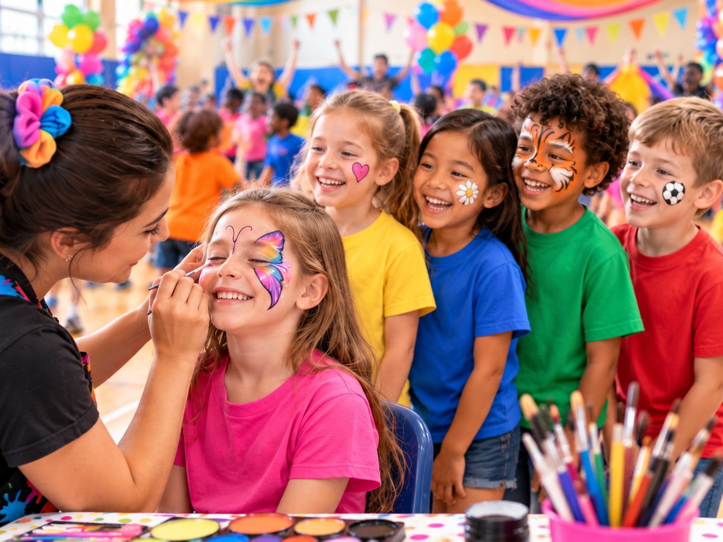 Children enjoying colourful face painting at a MiniBOSS Summer Fest school celebration